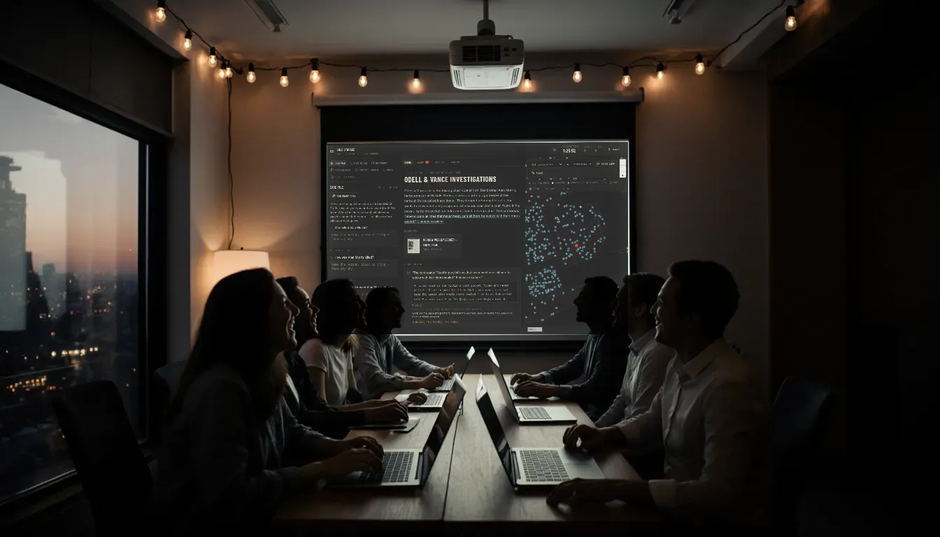An office lounge at dusk: a projector beam throws the case map on the wall while people point and laugh.