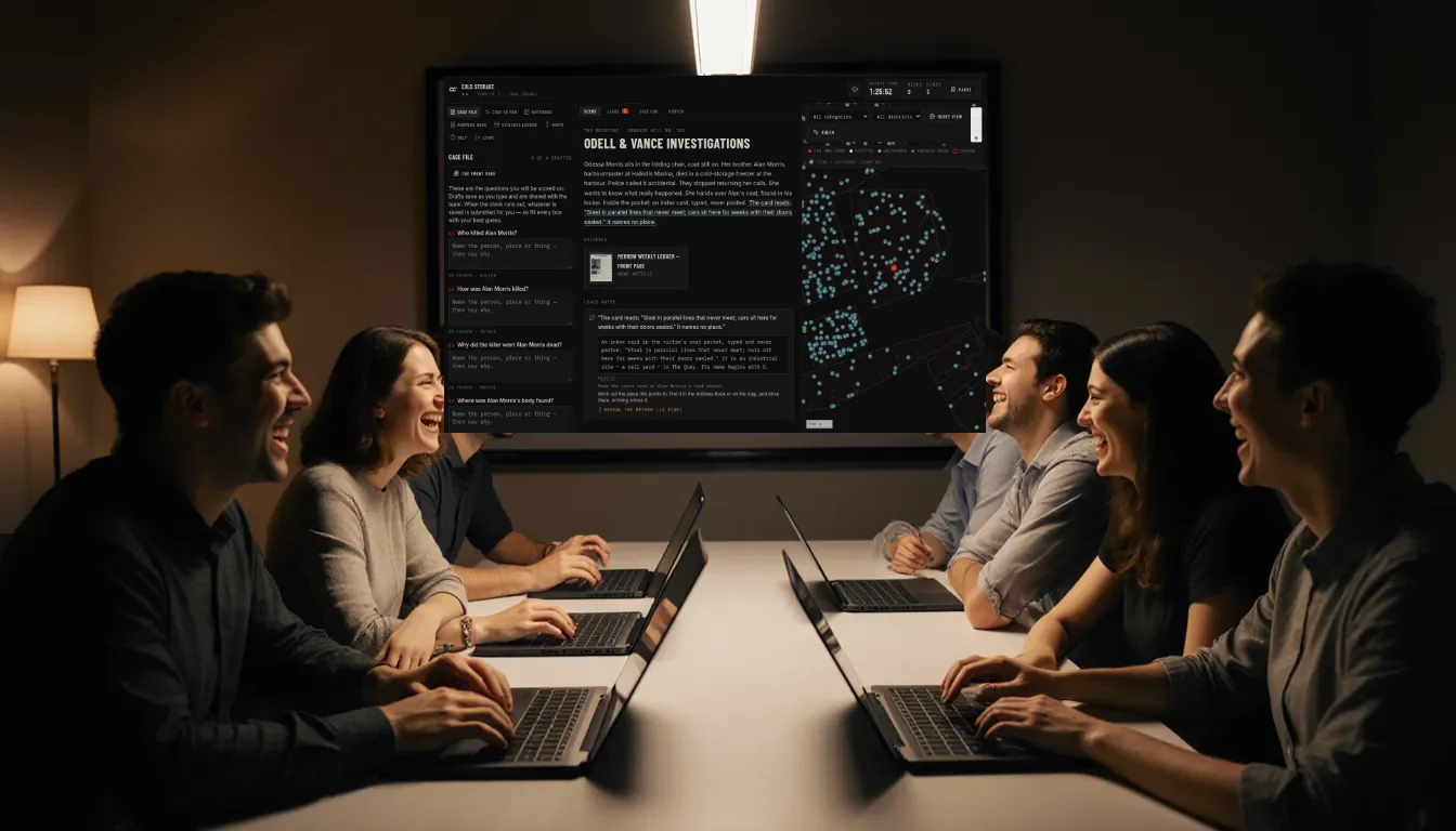 Eight coworkers laughing around a table of laptops, a big screen behind them showing the pin map.