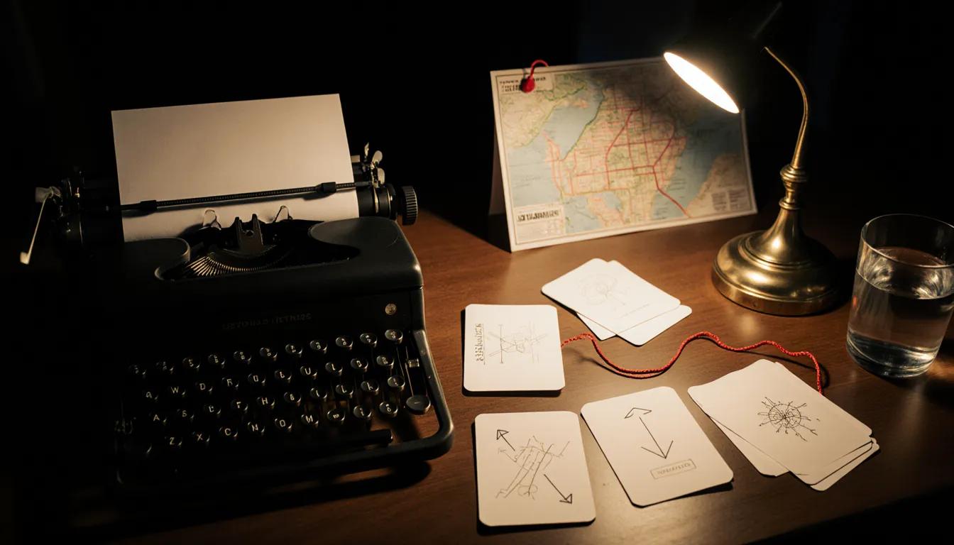 A typewriter with a blank sheet, index cards with sketches and a pinned map of the city.