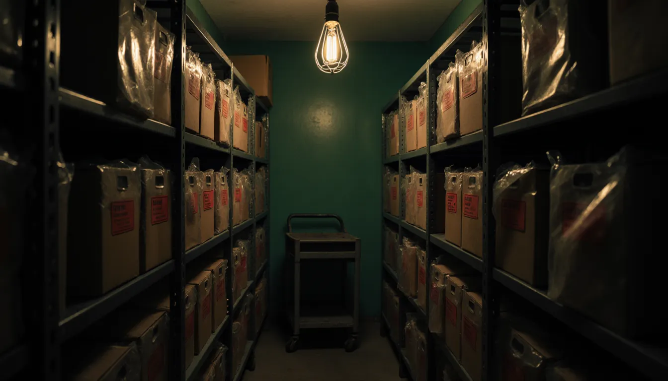Shelves of tagged evidence bags in an evidence room under a caged bulb.