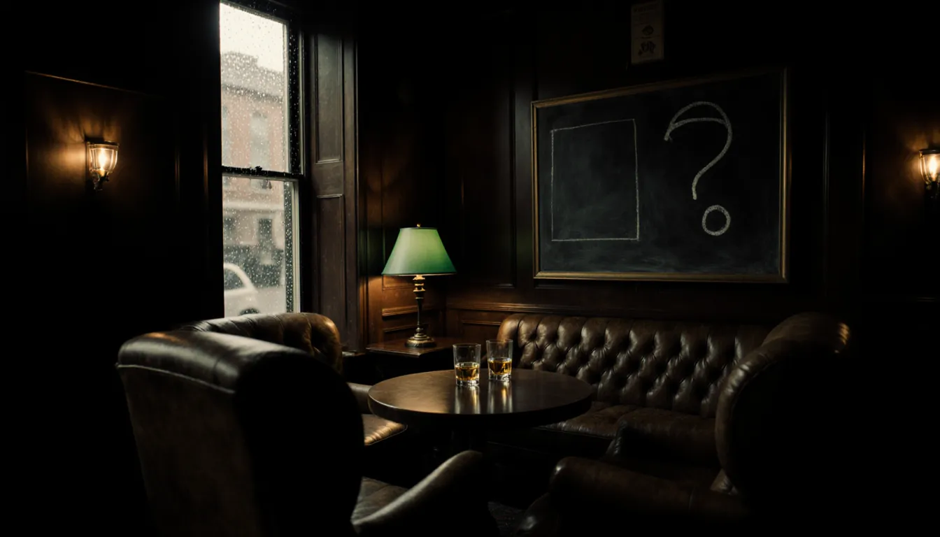 A dim club room with leather chairs and a chalkboard bearing a single question mark.