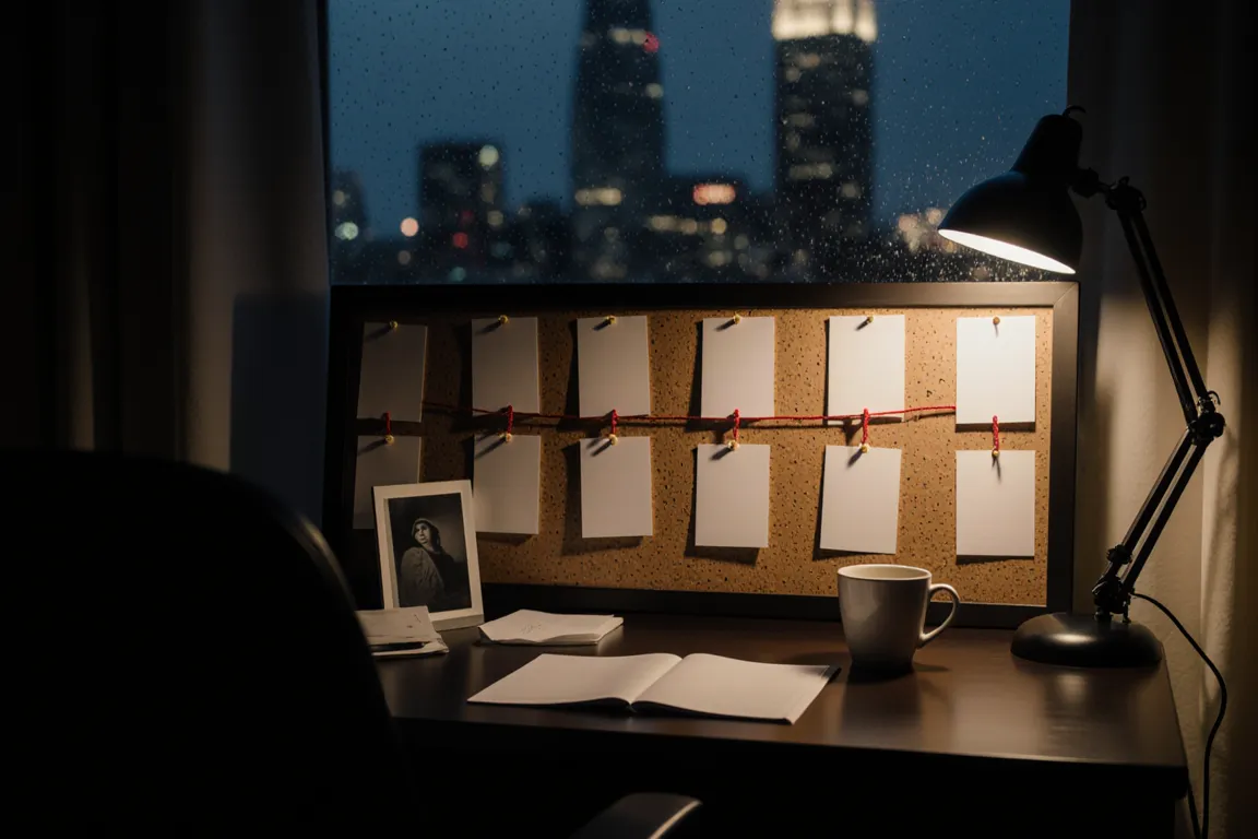 A private investigator's desk with a corkboard of photos joined by red string, the city lit up through the window.