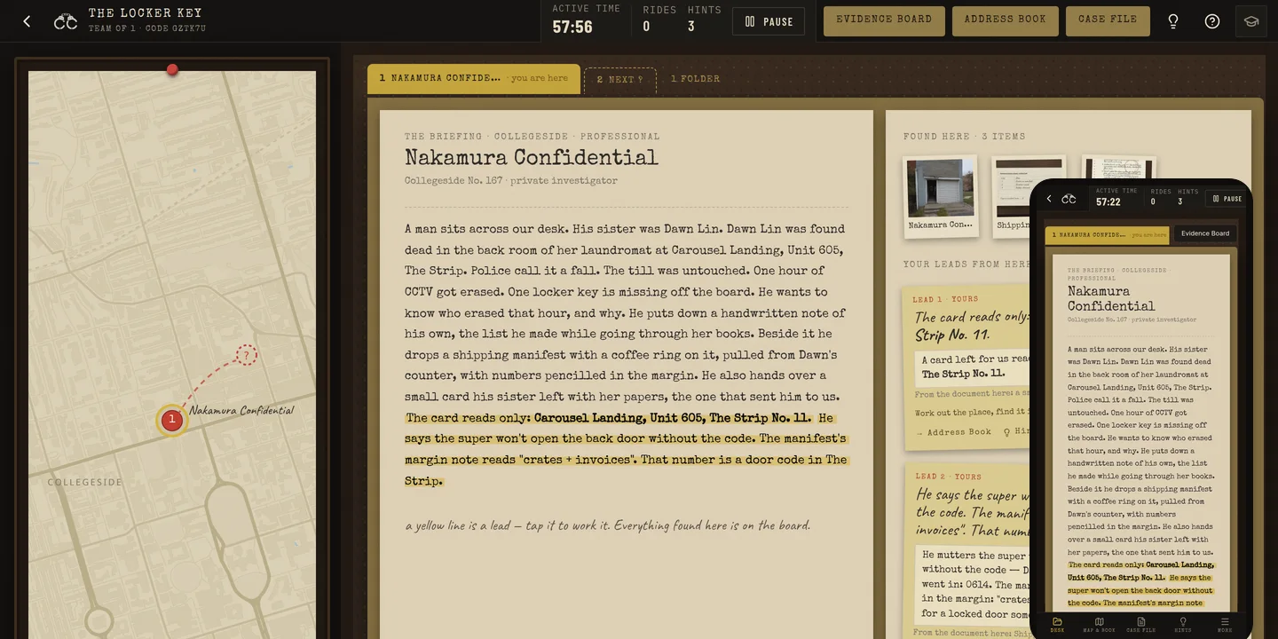 The Case Closed game on a laptop: the Case File questions on the left, the briefing scene with its underlined leads in the middle, the pin map of Port Merrow on the right, and the phone layout inset at the corner.