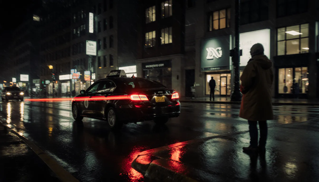 A taxi pulling away down a rain-soaked street at night while a figure waits on the curb.