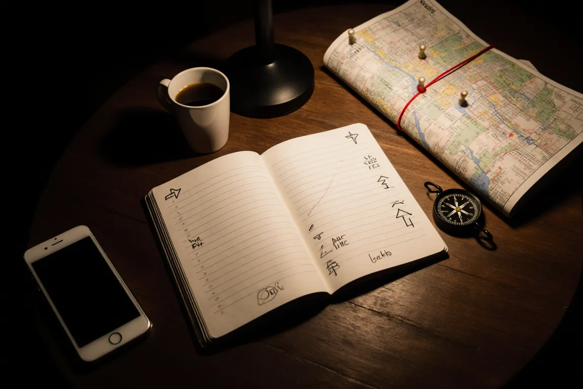 Seen from above: a notebook of arrows, a folded map with red string, a compass and a phone.