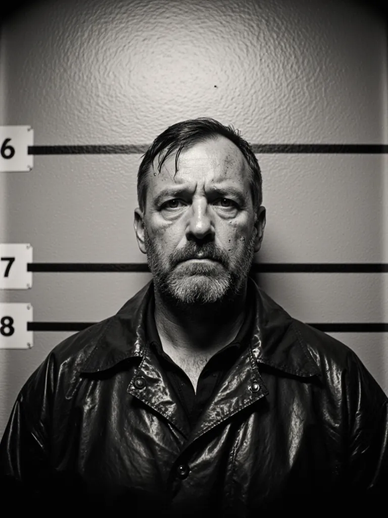 Booking photograph of a fictional man against a wall of height lines.