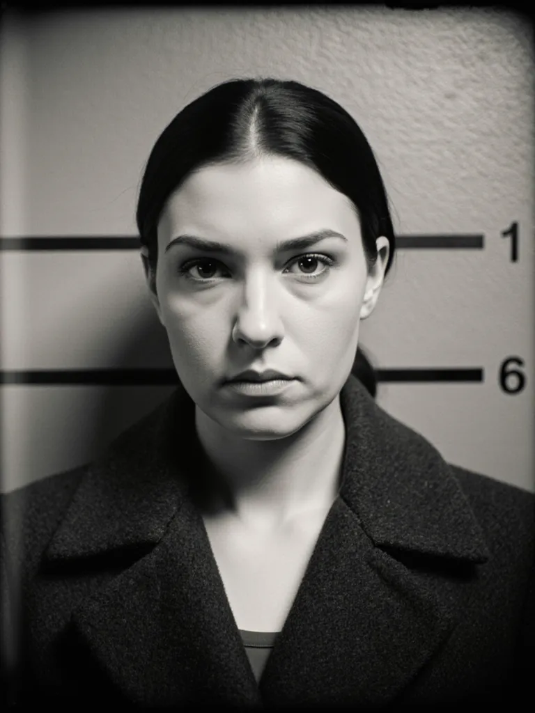Booking photograph of a fictional woman against a wall of height lines.