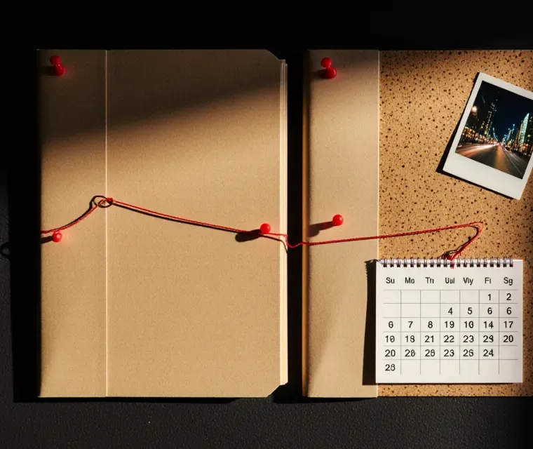Two case folders pinned to a corkboard and joined by red string.